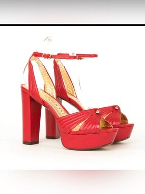 Red Platform Ankle-Strap Heels with Gold Accent